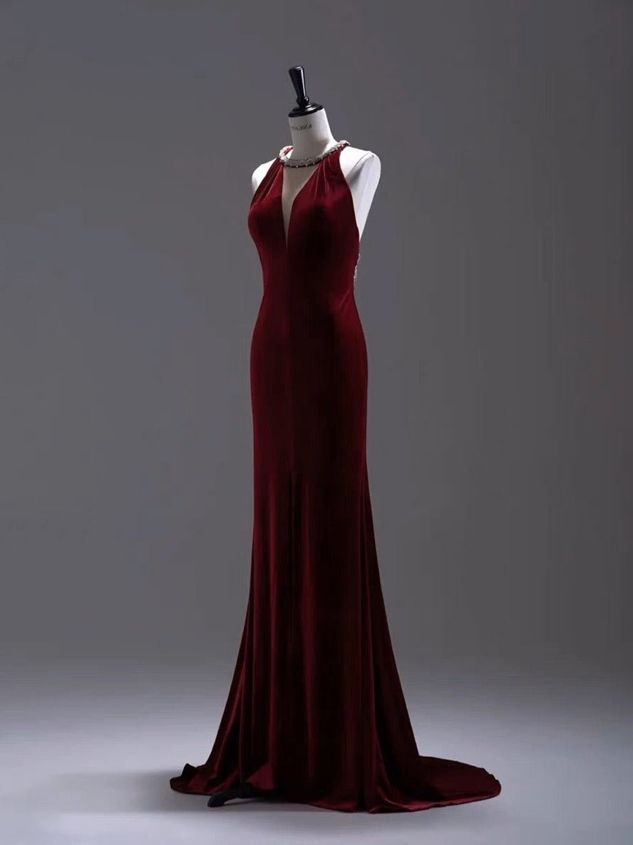 Burgundy Velvet Backless V-neck Mermaid Evening Gown With Crystal Chain Back- Plus Size - WonderlandByLilian