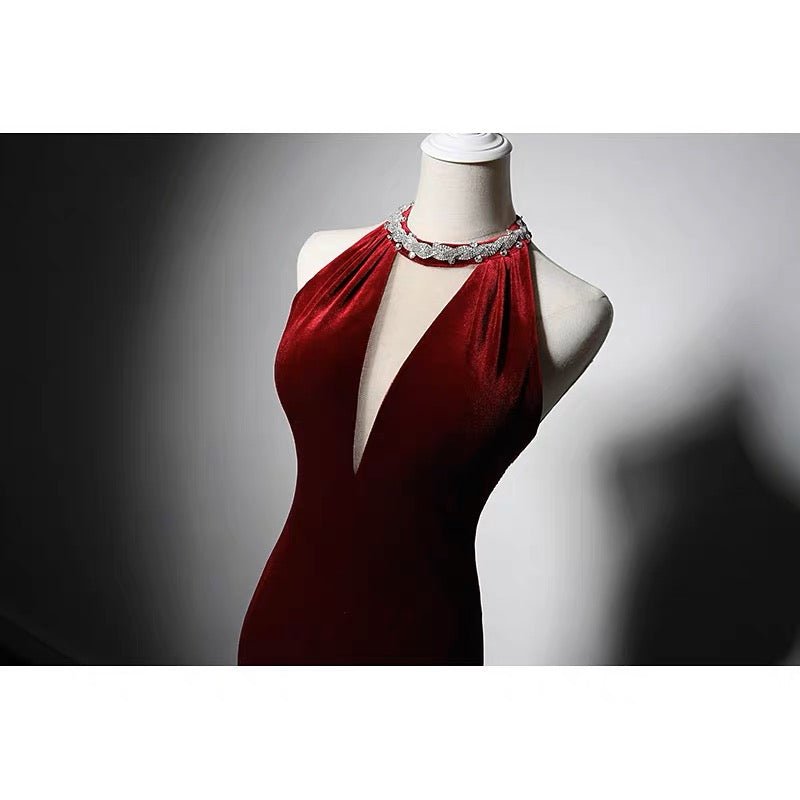 Burgundy Velvet Backless V-neck Mermaid Evening Gown With Crystal Chain Back- Plus Size - WonderlandByLilian
