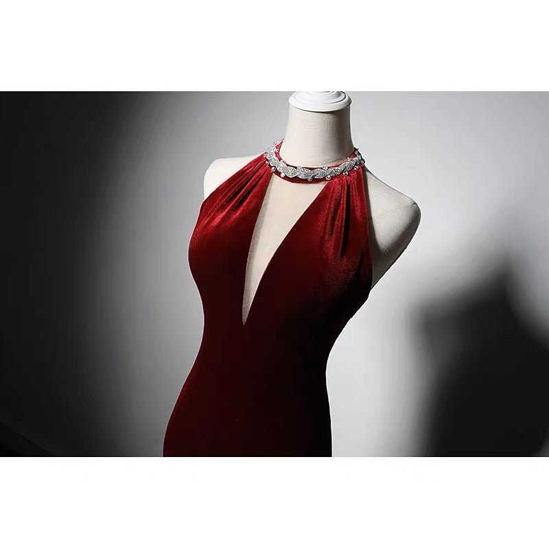Burgundy Velvet Backless V-neck Mermaid Evening Gown With Crystal Chai WonderlandByLilian Burgundy Velvet Backless V-neck Mermaid Evening Gown With Crystal Chai WonderlandByLilian