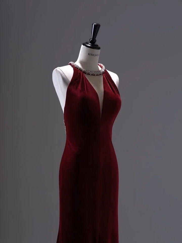 Burgundy Velvet Backless V-neck Mermaid Evening Gown With Crystal Chain Back- Plus Size - WonderlandByLilian