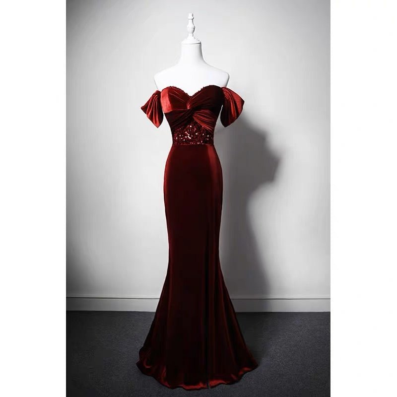 Burgundy Velvet Beaded Formal Dress With Sequins - For Wedding Plus Size - WonderlandByLilian