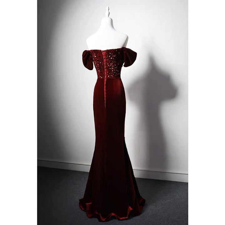 Burgundy Velvet Beaded Formal Dress With Sequins - For Wedding Plus Size - WonderlandByLilian