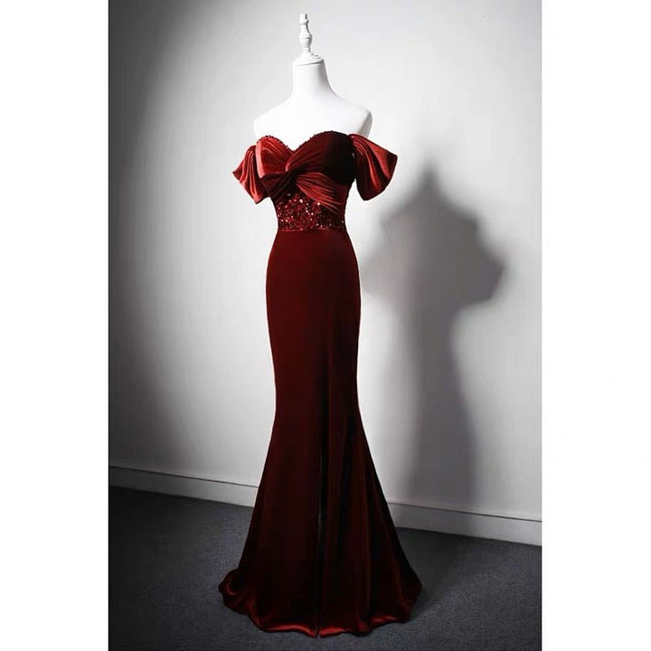Burgundy Velvet Beaded Formal Dress With Sequins - For Wedding Plus Size - WonderlandByLilian