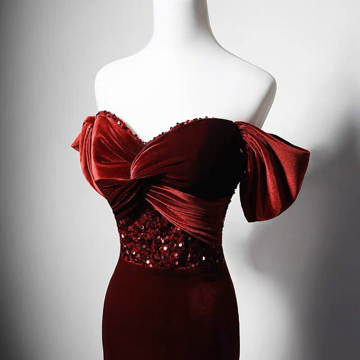 Burgundy Velvet Beaded Formal Dress With Sequins - For Wedding Plus Size - WonderlandByLilian