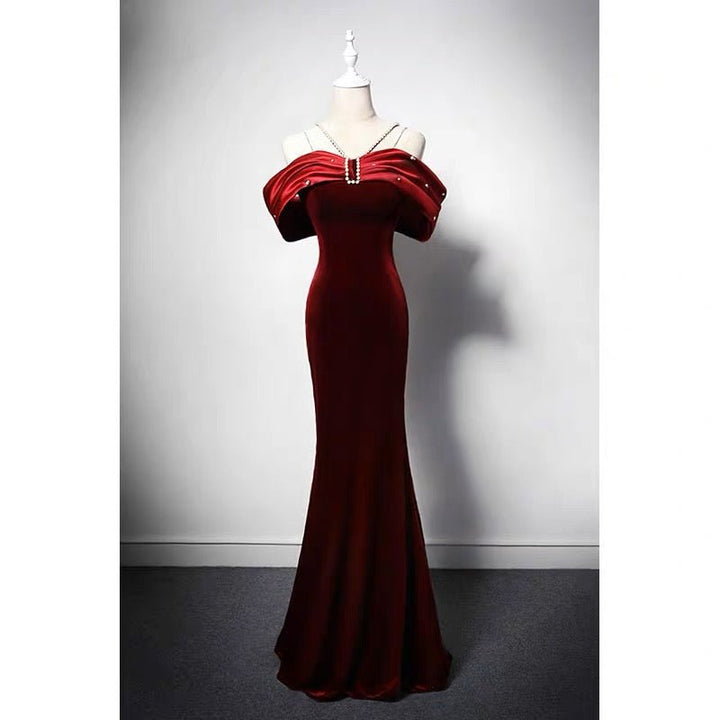 Burgundy Velvet Mermaid Formal Dress With Pearl Chain - Plus Size - WonderlandByLilian