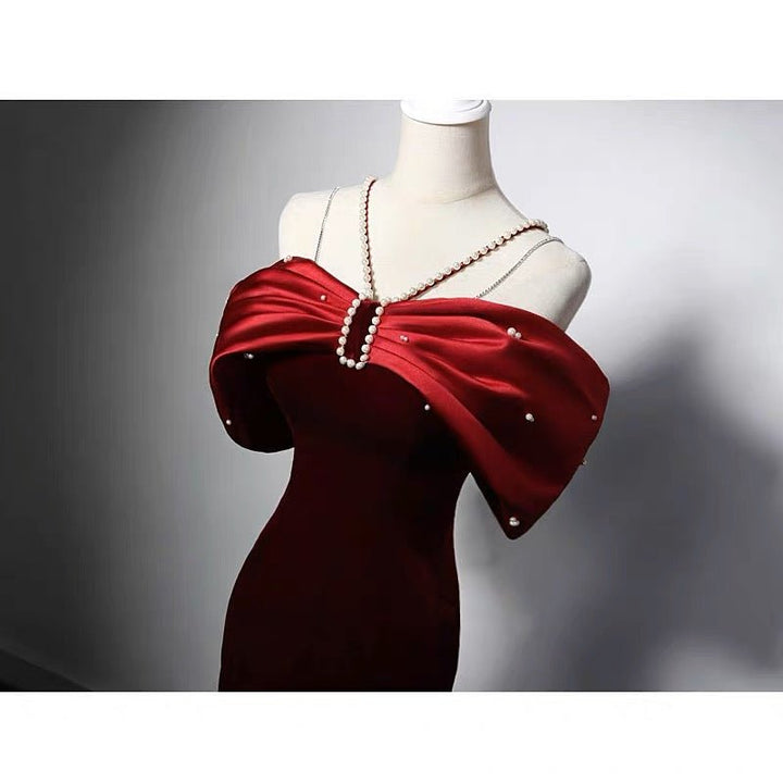 Burgundy Velvet Mermaid Formal Dress With Pearl Chain - Plus Size - WonderlandByLilian