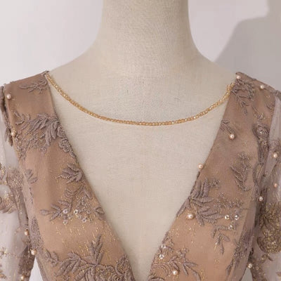 Champaign Beaded Sequins V-line Long Sleeve Lace Formal Dress - Plus Size - WonderlandByLilian