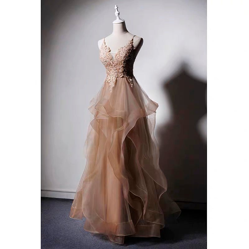Champaign V-neck Gauze Prom Dress - Formal Dress Plus Size - WonderlandByLilian