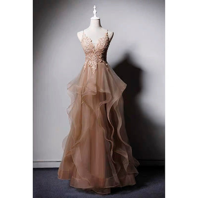 Champaign V-neck Gauze Prom Dress - Formal Dress Plus Size - WonderlandByLilian