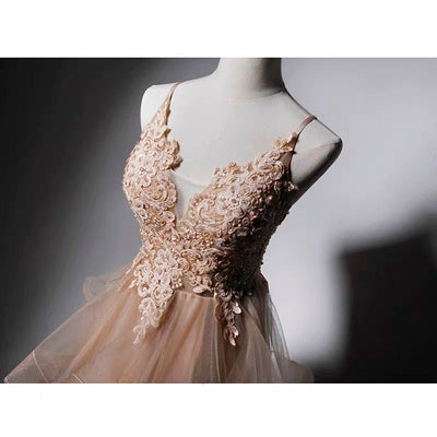 Champaign V-neck Gauze Prom Dress - Formal Dress Plus Size - WonderlandByLilian