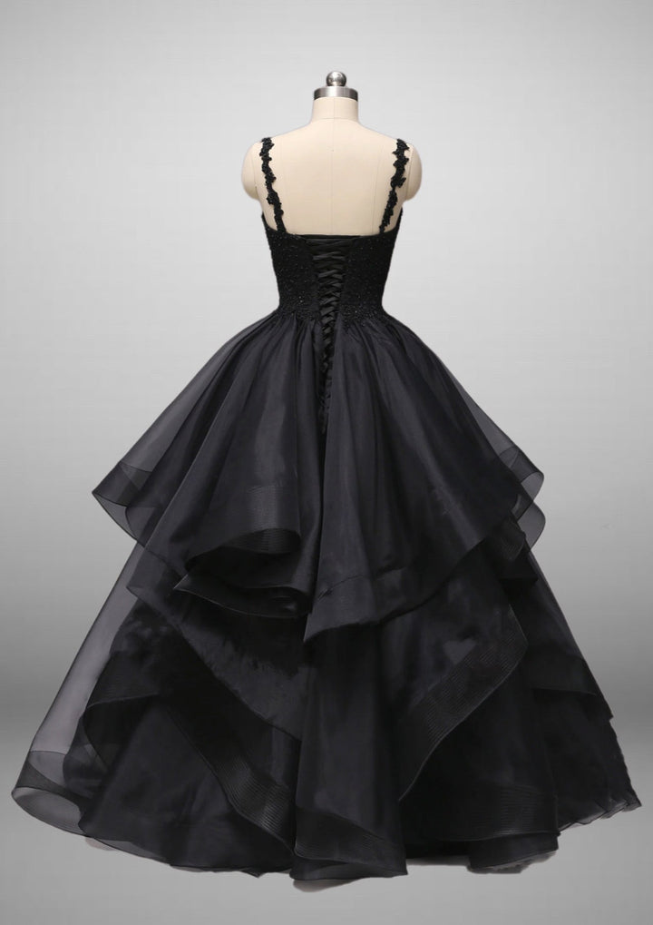 Classic Gothic Black Lace Embroidered A-Line Formal Dress With Ruffle Skirt Spaghetti Straps Plus Size - WonderlandByLilian