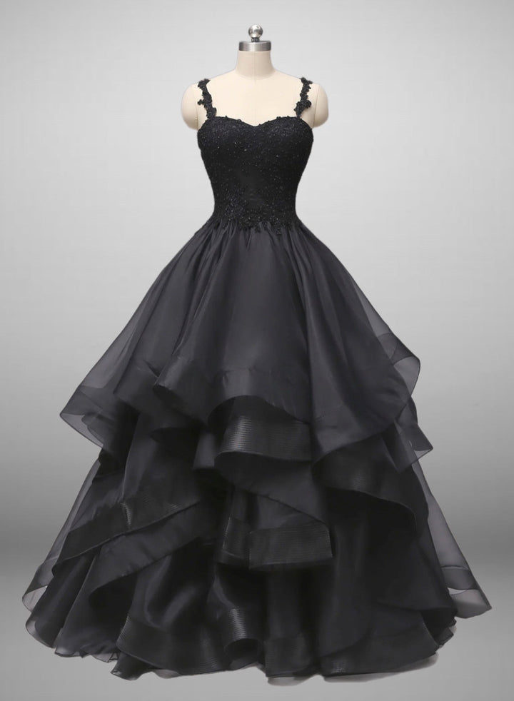 Classic Gothic Black Lace Embroidered A-Line Formal Dress With Ruffle Skirt Spaghetti Straps Plus Size - WonderlandByLilian