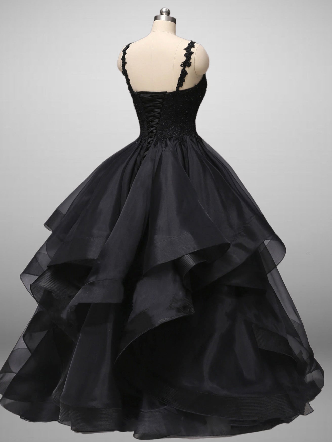 Classic Gothic Black Lace Embroidered A-Line Formal Dress With Ruffle Skirt Spaghetti Straps Plus Size - WonderlandByLilian