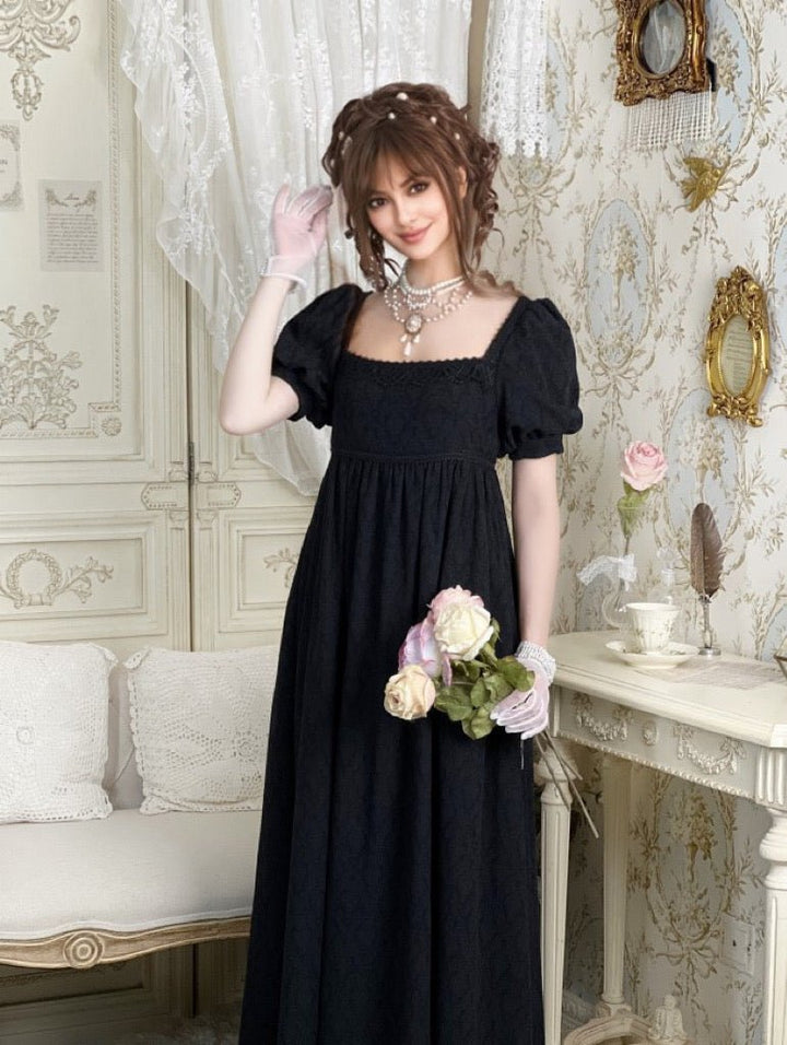 Classic Regency Era Black Lace Dress - Empire Waist Ball Gown Plus Size - WonderlandByLilian