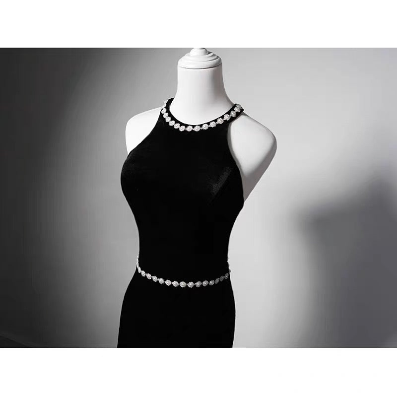 Crystal Black Velvet High-neck Sleeveless Mermaid Formal Dress With Bow Tie - Plus Size - WonderlandByLilian