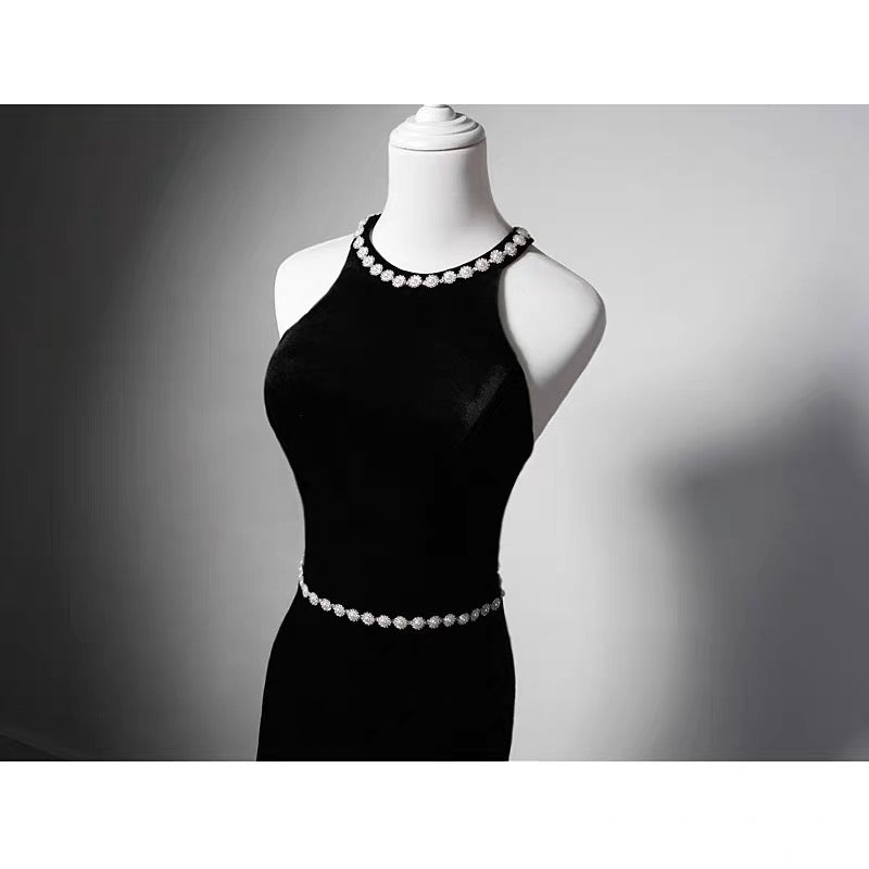 Crystal Black Velvet High-neck Sleeveless Mermaid Formal Dress With Bow Tie - Plus Size Size 18W / Black Crystal Black Velvet High-neck Sleeveless Mermaid Formal Dress With Bow Tie - Plus Size Size 18W / Black