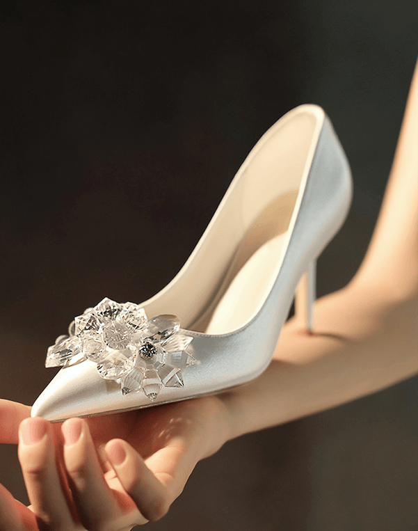 Crystal Luxe Heels with White Crystal Brooch For Bridal - WonderlandByLilian