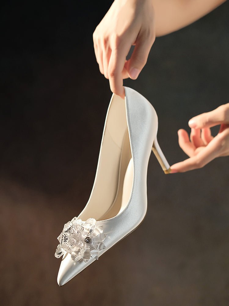 Crystal Luxe Heels with White Crystal Brooch For Bridal - WonderlandByLilian