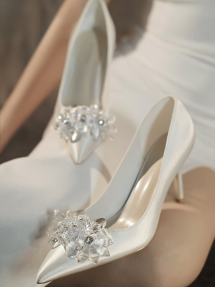 Crystal Luxe Heels with White Crystal Brooch For Bridal - WonderlandByLilian