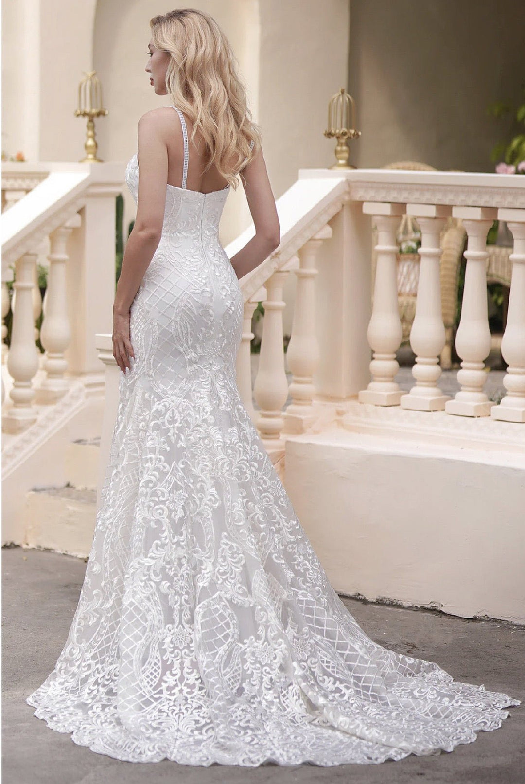 Curve-Hugging Beaded Lace Light Ivory Spaghetti Straps Sweetheart Neck Mermaid Illusion Back Wedding Gown - Plus Size - WonderlandByLilian