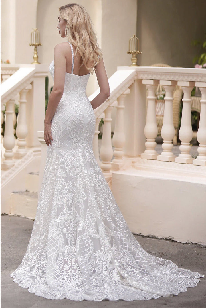 Curve-Hugging Beaded Lace Light Ivory Spaghetti Straps Sweetheart Neck Mermaid Illusion Back Wedding Gown - Plus Size - WonderlandByLilian