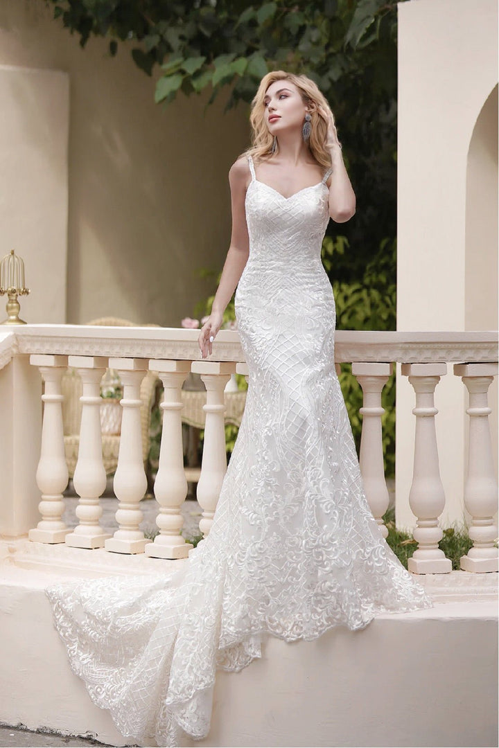 Curve-Hugging Beaded Lace Light Ivory Spaghetti Straps Sweetheart Neck Mermaid Illusion Back Wedding Gown - Plus Size - WonderlandByLilian