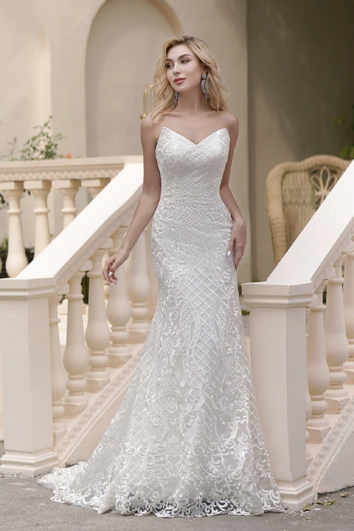 Curve-Hugging Beaded Lace Light Ivory Spaghetti Straps Sweetheart Neck Mermaid Illusion Back Wedding Gown - Plus Size - WonderlandByLilian
