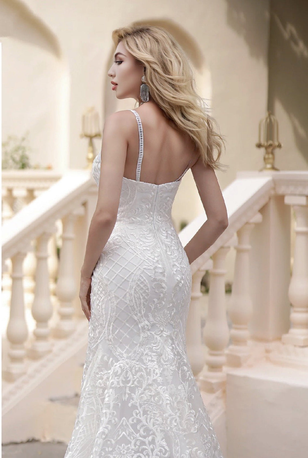 Curve-Hugging Beaded Lace Light Ivory Spaghetti Straps Sweetheart Neck Mermaid Illusion Back Wedding Gown - Plus Size - WonderlandByLilian