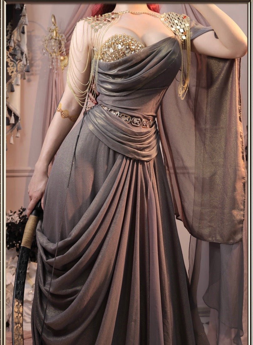 Purple Elf Fantasy Dress - Golden Rome Greek Goddess - Fairy Evening Dress - Plus Size Size 6 / Gray Purple Elf Fantasy Dress - Golden Rome Greek Goddess - Fairy Evening Dress - Plus Size Size 6 / Gray