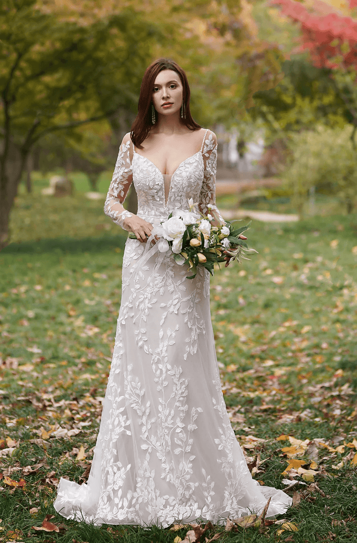 Delicate 3D Lace Embroidery Hand Beaded Straps Gown With V-Neck Sleeves - Plus Size - WonderlandByLilian