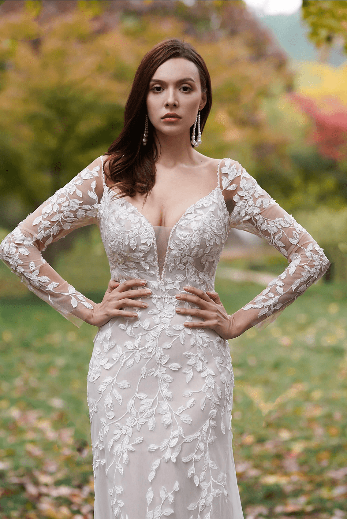 Delicate 3D Lace Embroidery Hand Beaded Straps Gown With V-Neck Sleeves - Plus Size - WonderlandByLilian