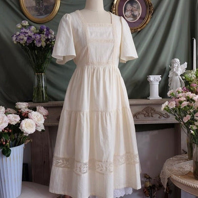 Downtown Abby Dress - Victorian White Jacquard Tea Dress - Satin Jacquard Dress with crochet lace trim - WonderlandByLilian