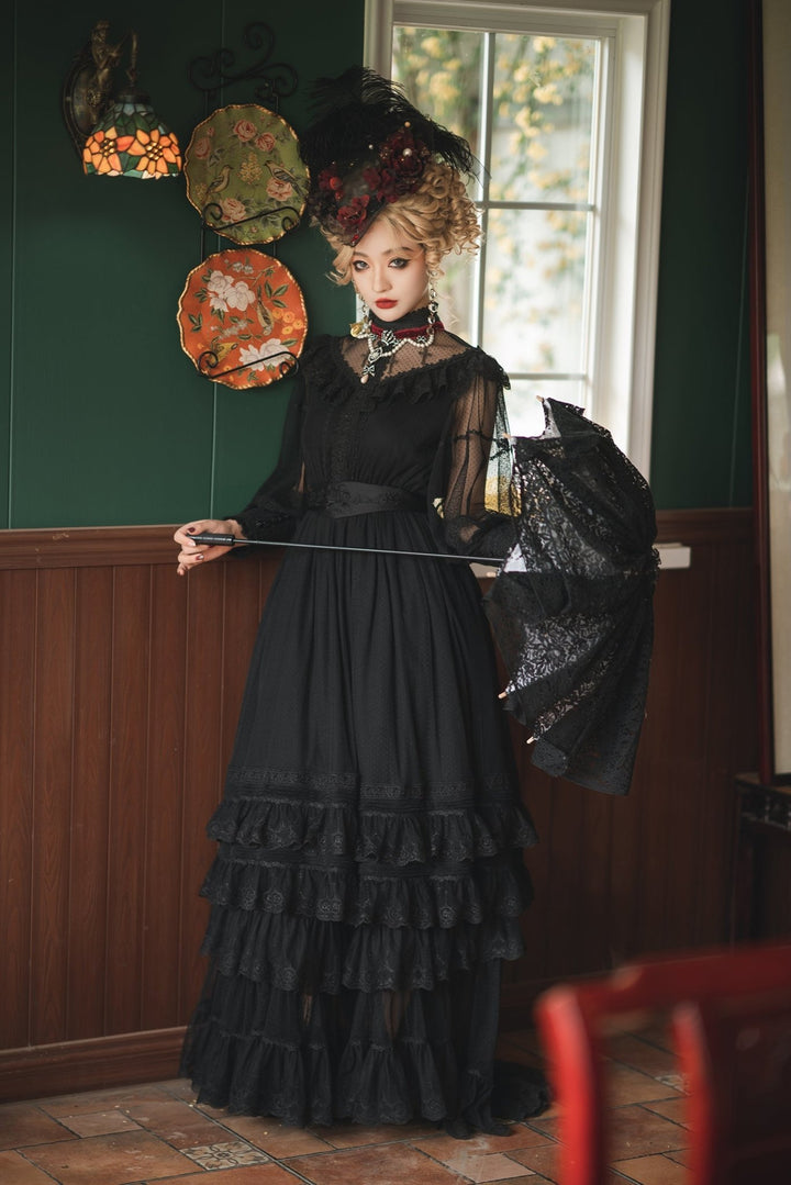 Edwardian Style Gothic Black Long Dress - Victorian Lace Dress - WonderlandByLilian