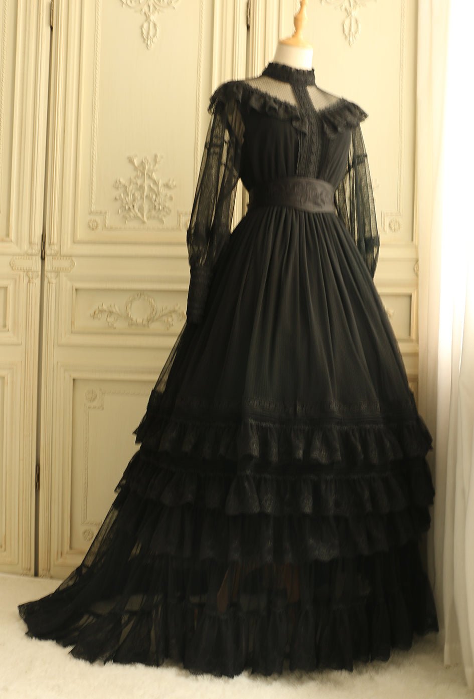 Edwardian Style Gothic Black Long Dress - Victorian Lace Dress - WonderlandByLilian