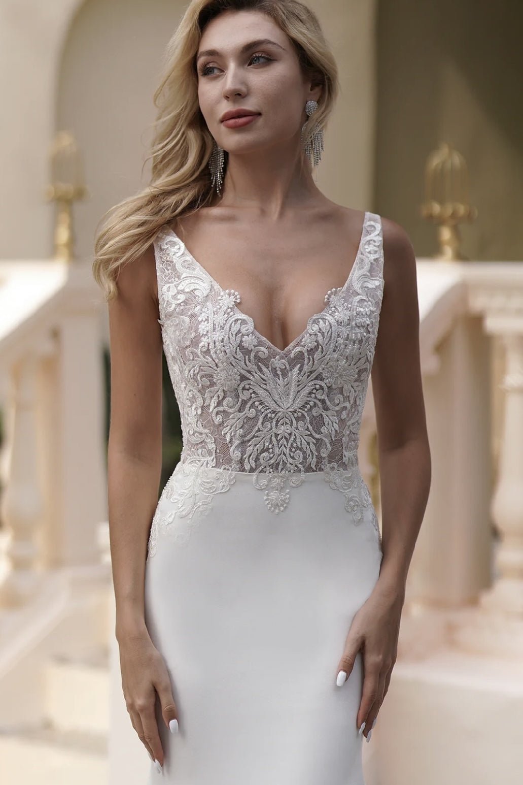 Elegant Beaded Lace Light Ivory V-Neck Embroidery Satin Mermaid Wedding Dress - Plus Size US20 / Light Ivory Elegant Beaded Lace Light Ivory V-Neck Embroidery Satin Mermaid Wedding Dress - Plus Size US20 / Light Ivory