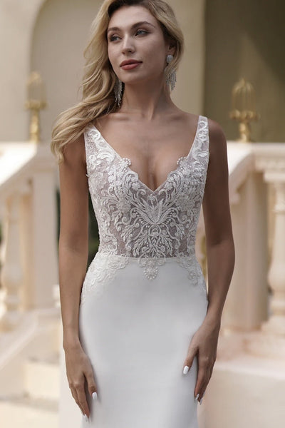Elegant Beaded Lace Light Ivory V-Neck Embroidery Satin Mermaid Wedding Dress - Plus Size - WonderlandByLilian