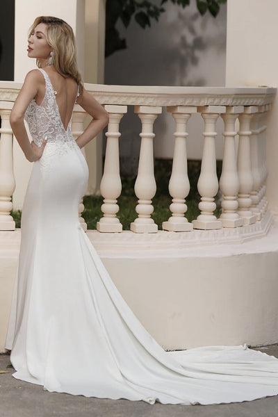 Elegant Beaded Lace Light Ivory V-Neck Embroidery Satin Mermaid Wedding Dress - Plus Size - WonderlandByLilian