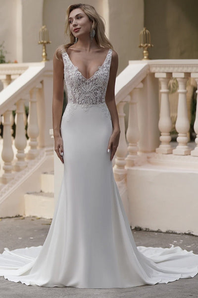 Elegant Beaded Lace Light Ivory V-Neck Embroidery Satin Mermaid Wedding Dress