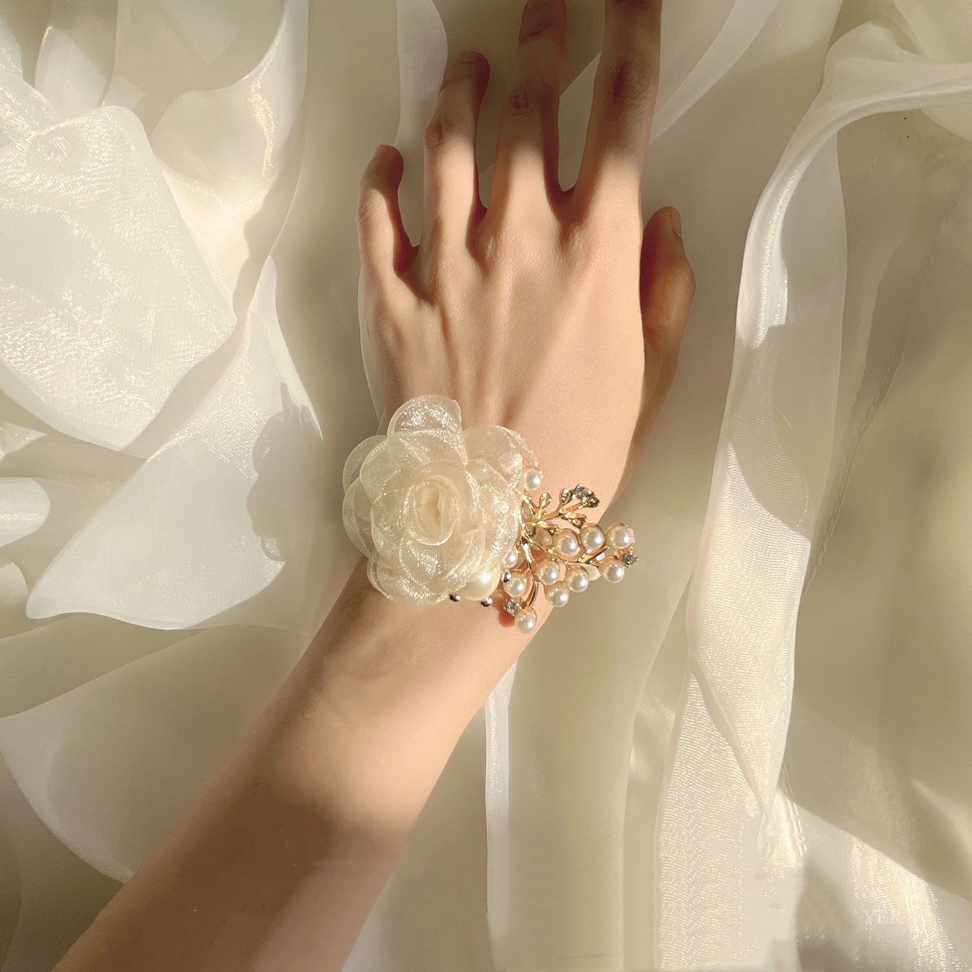 Elegant Champagne Pearl Bracelet Corsage For Wedding, Bridemaids - WonderlandByLilian
