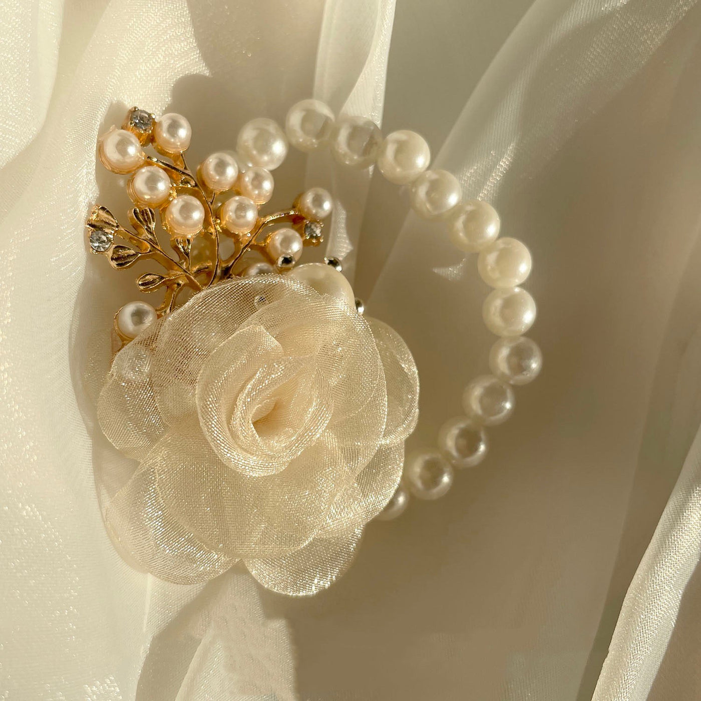 Elegant Champagne Pearl Bracelet Corsage For Wedding, Bridemaids - WonderlandByLilian