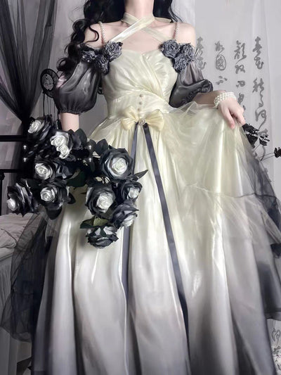 Elegant Ink Ombre Rose Gothic Lolita Lace A-Line Dress For Prom - WonderlandByLilian