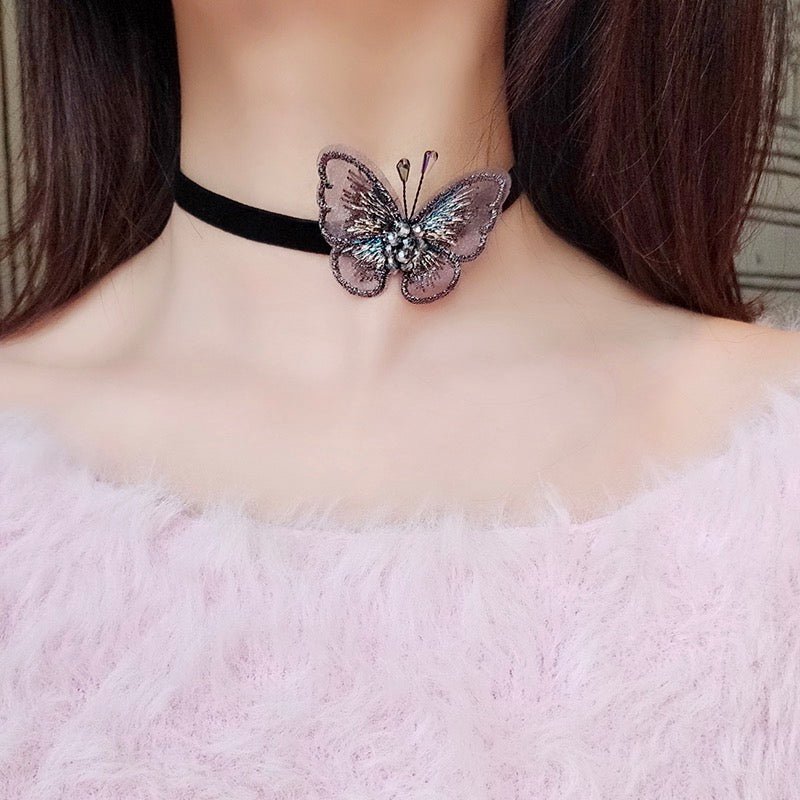 Elegant Lace Butterfly Necklace with Crystal Beads - WonderlandByLilian