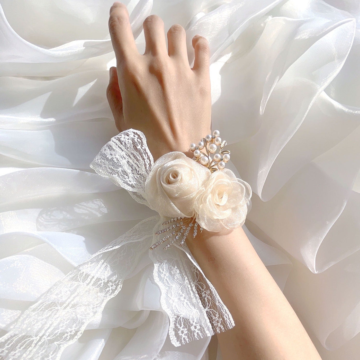 Elegant White Lace Bracelet Corsage with Silk Ribbon for Weddings, Bridemaids - WonderlandByLilian