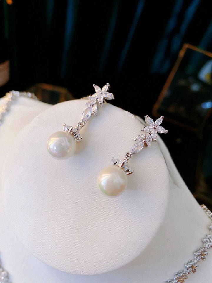 Exquisite Floral Minimalist Diamond Pearl Necklace and Earrings Set - Bridal Jewelry Set - WonderlandByLilian