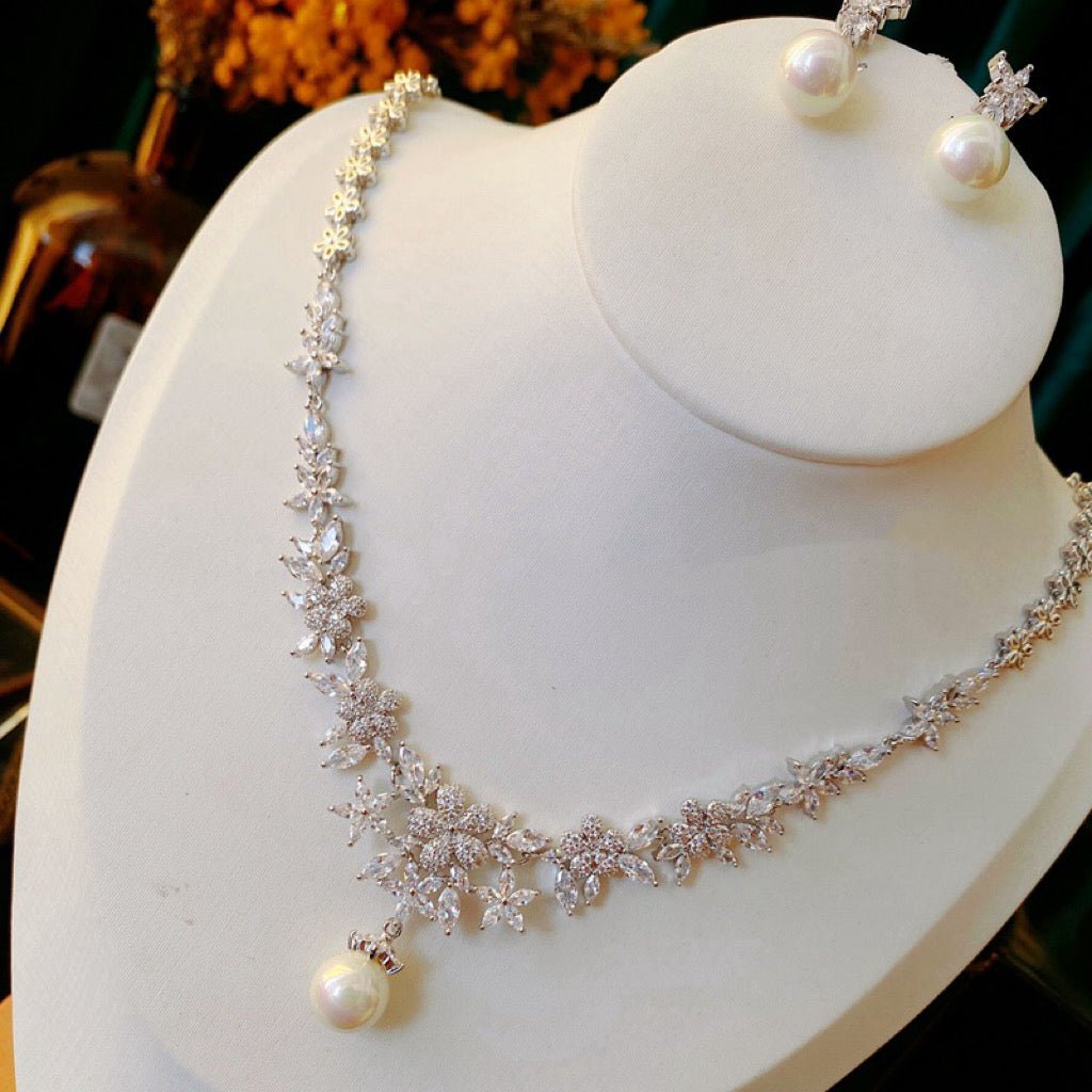 Exquisite Floral Minimalist Diamond Pearl Necklace and Earrings Set - Bridal Jewelry Set - WonderlandByLilian