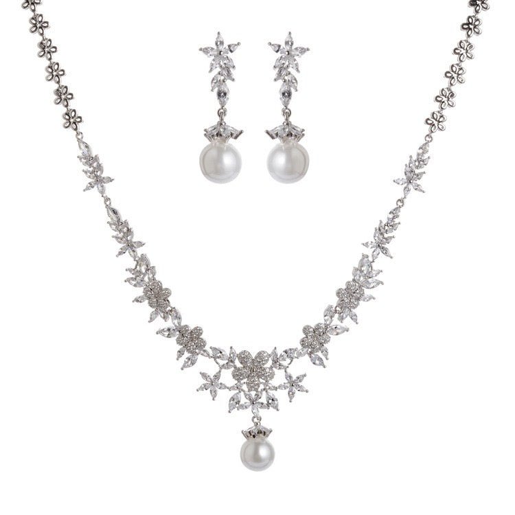 Exquisite Floral Minimalist Diamond Pearl Necklace and Earrings Set - Bridal Jewelry Set - WonderlandByLilian