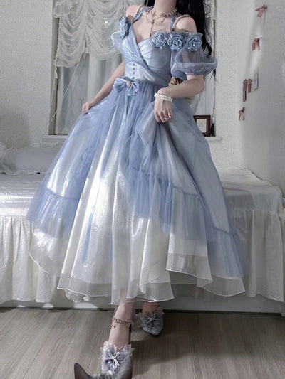 Fairy-like Ombre Blue Lace Lolita Dress with Puffy Sleeves Day Dress - WonderlandByLilian