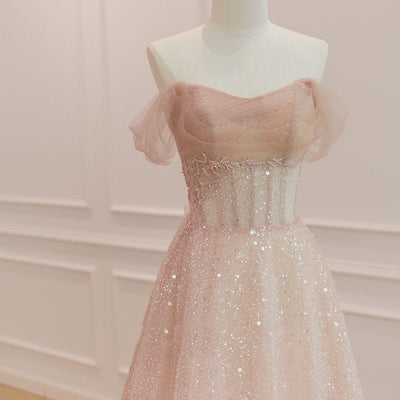 Fairy Pink Sequins Off Shoulder Corset Formal Dress - Pink Wedding Dress Prom Dress Plus Size - WonderlandByLilian