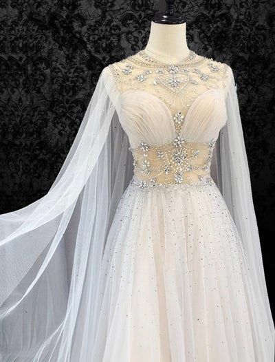Fairy Wedding Dress With Cape - White Beading Ball Gown With Crystal - WonderlandByLilian