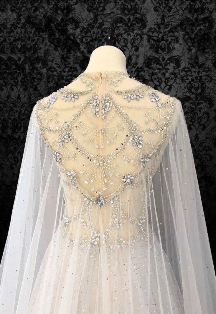 Fairy Wedding Dress With Cape - White Beading Ball Gown With Crystal - WonderlandByLilian